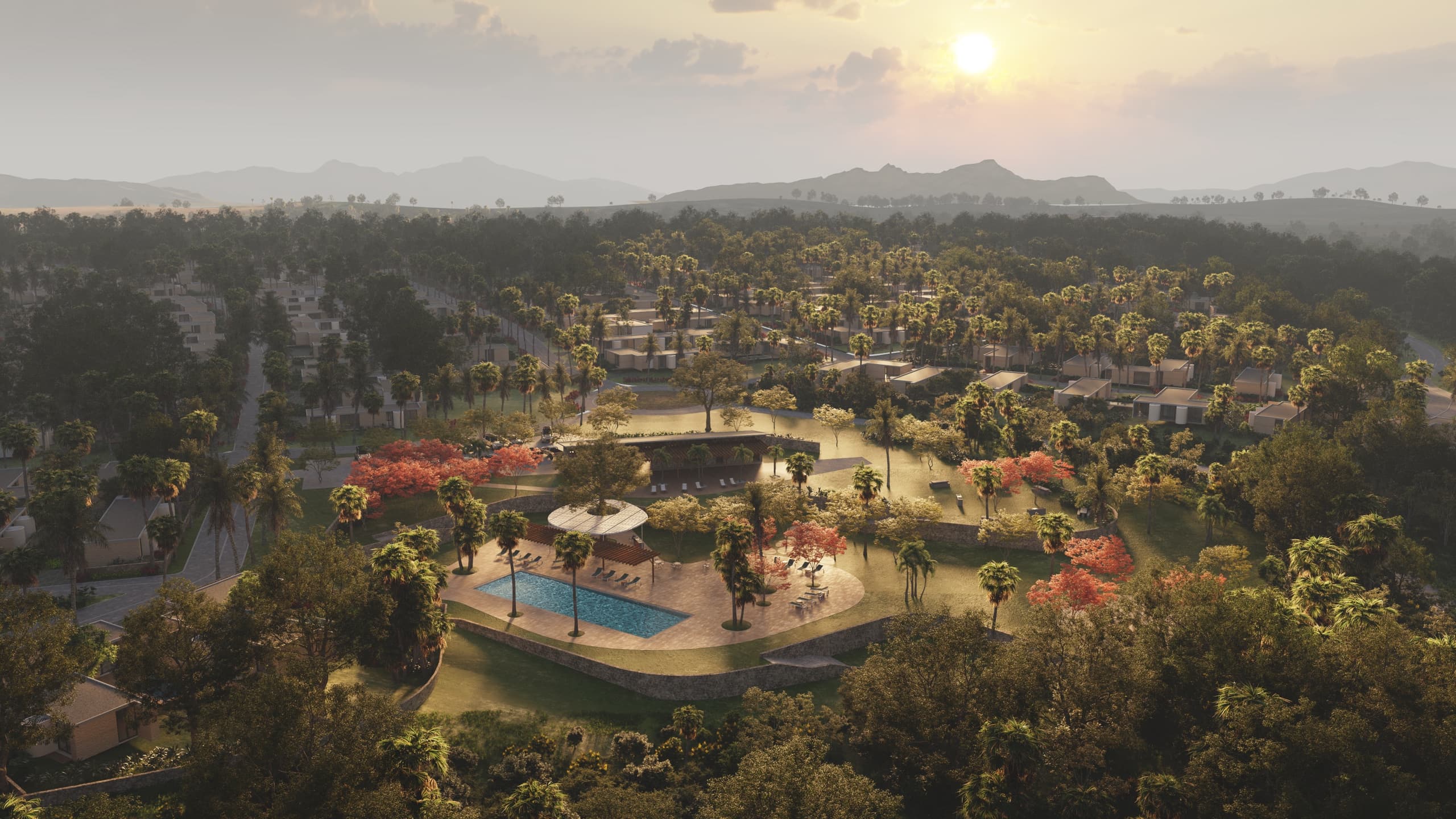 Aerial view of a tropical residential resort development