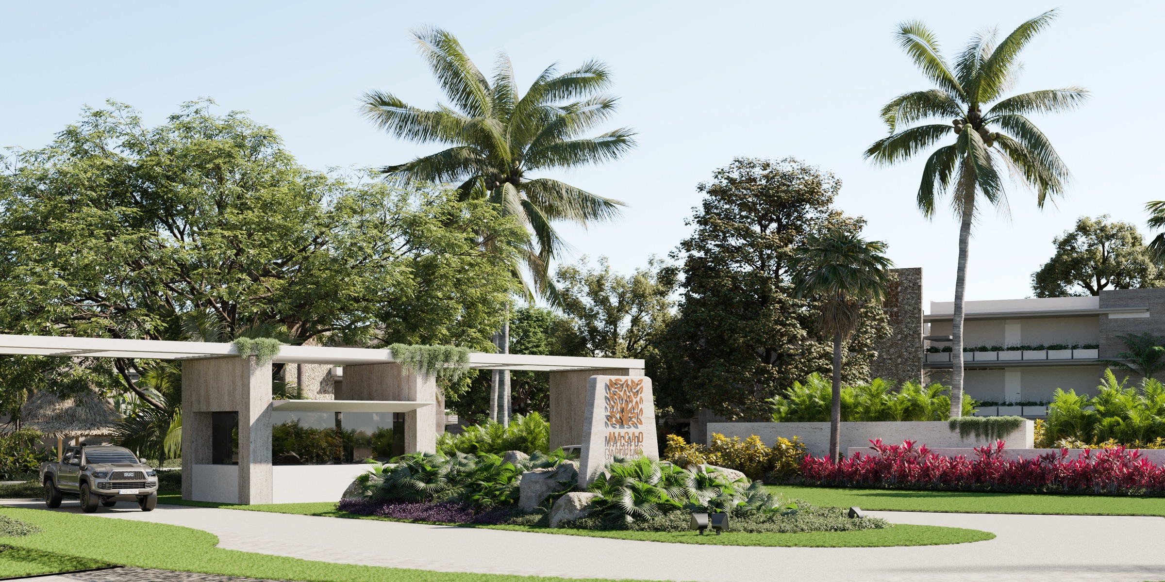 Macao Hills landscaped entrance with palm trees and modern residences